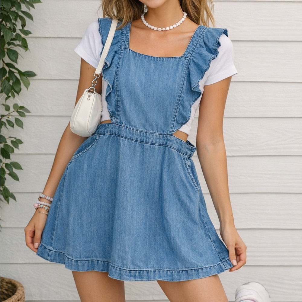 Skies Are Blue Women's Size M Blue Denim Ruffle Pinafore Dress